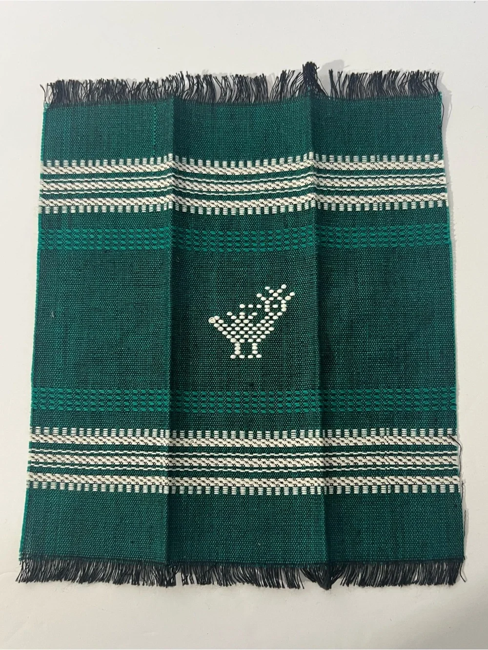 Set of 6 Tribal Bird Motif Cocktail Napkins- Dark Green & White NWOT